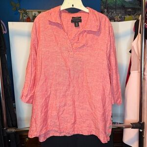 Tahari 100% Linen size 1X Pink V Neck with 3/4 Sleeves Blouse
